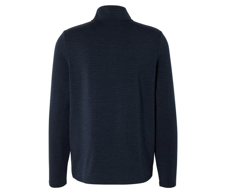 Rückansicht eines dunkelblauen Langarmshirts mit Stehkragen und Viertelreißverschluss.