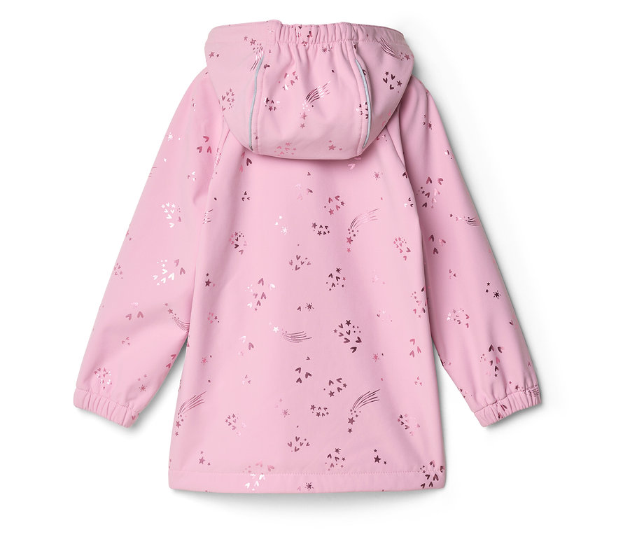 Rosa Kinderregenjacke mit Kapuze, bedeckt mit Sternen, Herzen und Kometen.