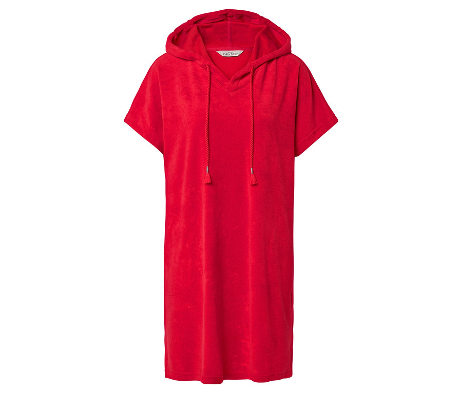 Rotes Kapuzenkleid mit kurzen Ärmeln und Kordelzug.