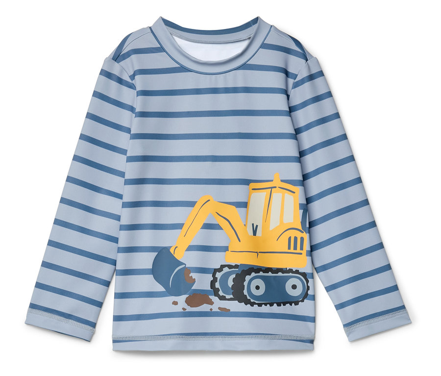 Langarmshirt mit blauem Streifenmuster und gelbem Bagger-Aufdruck.