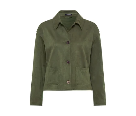 Olivgrüne Jacke mit klassischem Kragen, drei braunen Knöpfen und zwei aufgesetzten Taschen.