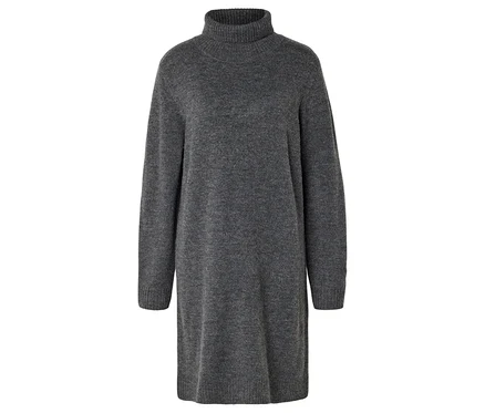 Dunkelgraues Strickkleid mit Rollkragen und langen Ärmeln auf weißem Hintergrund.