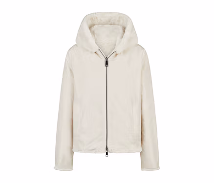 Helle Barbara Lebek Wendejacke mit Kapuze und flauschigem Futter, Reißverschluss.
