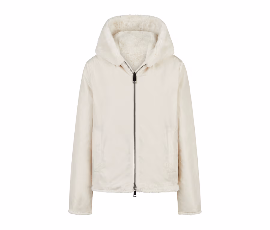 Helle Barbara Lebek Wendejacke mit Kapuze und flauschigem Futter, Reißverschluss.