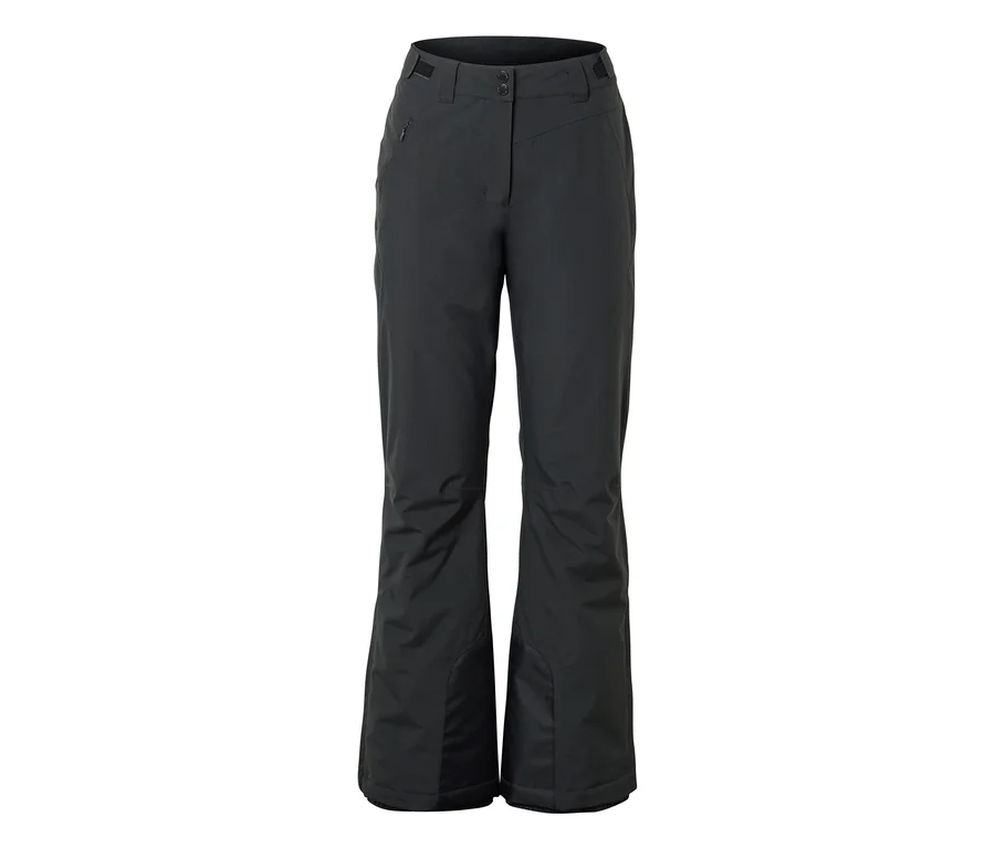 Dunkelgraue Skihose mit Knopfverschluss und Reißverschluss.