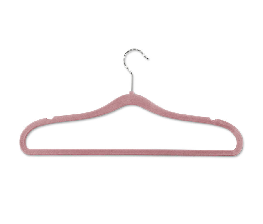 Einzelner, rosa, extraschmaler Kleiderbügel von 8 Kleiderbügeln.