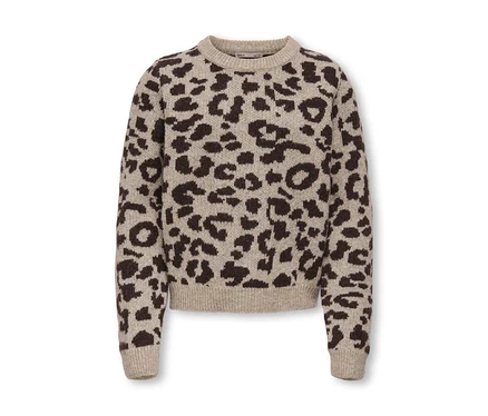 Beiger Pullover mit Rundhalsausschnitt und dunkelbraunem Leopardenmuster.