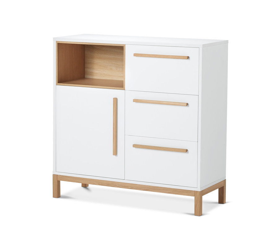 Weißes Badezimmer-Sideboard mit einer Tür, einem offenen Regal und drei Schubladen.