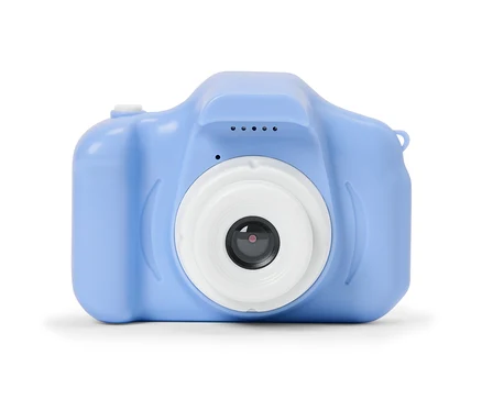 Blaue Digitalkamera mit weißem Objektiv