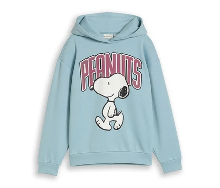 Hellblauer Hoodie mit Snoopy-Print und dem Schriftzug 'PEANUTS'.