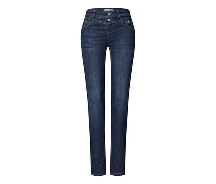 Dunkelblaue Street One Jeans mit sichtbarem Bund und Knöpfen.
