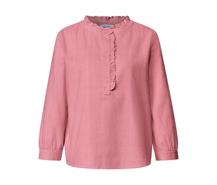 Rosafarbene Street One Cordbluse mit Rüschenkragen und Knopfleiste.