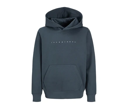 Dunkelgrauer Jack&Jones Sweat-Hoodie Star mit Kapuze, Kängurutasche und weißem Jack&Jones-Logo auf der Brust.