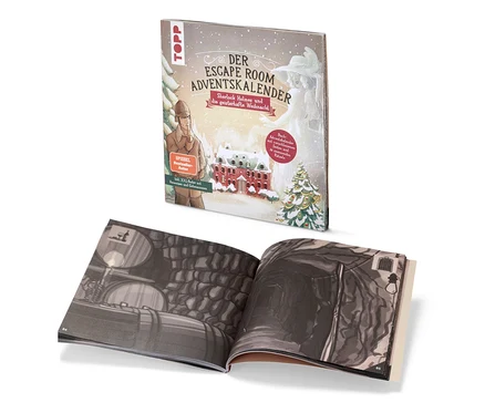 Offenes Buch mit Illustrationen neben Escape-Adventskalenderbuch »Sherlock Holmes und die geisterhafte Weihnacht«.