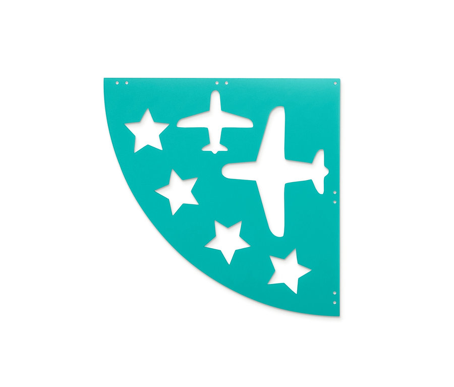 Türkise Straßenmalkreide-Schablone mit Flugzeugen und Sternen.