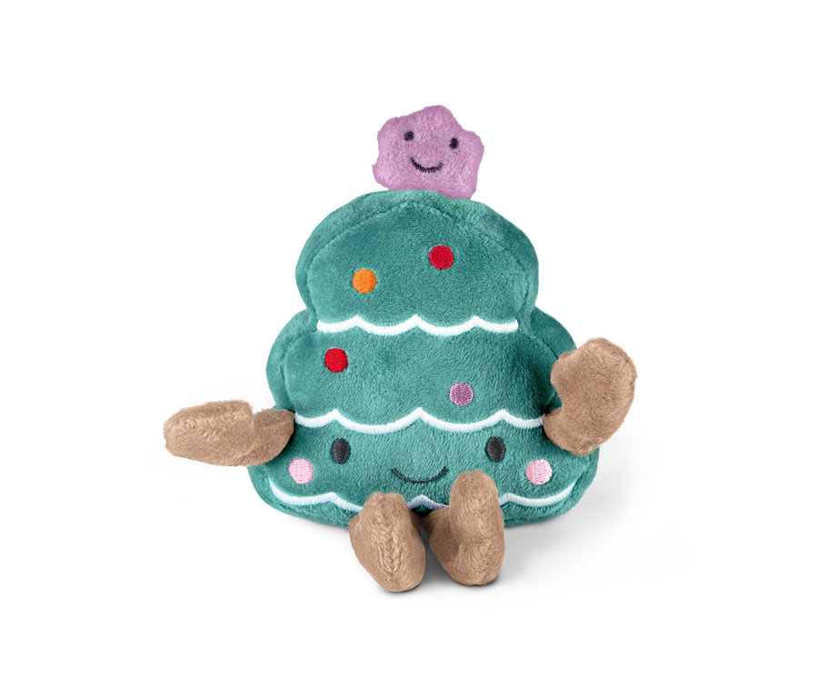 Singendes Mini-Plüschtier, Weihnachtsbaum mit braunen Armen und Beinen auf weißem Hintergrund.