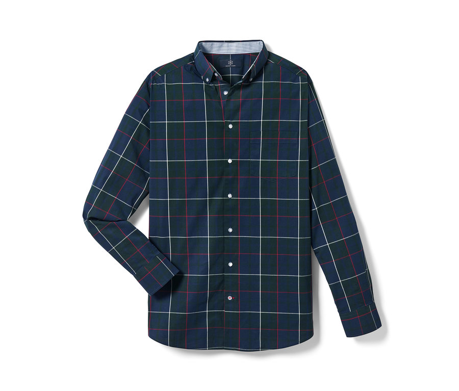 Blaues kariertes Hemd.