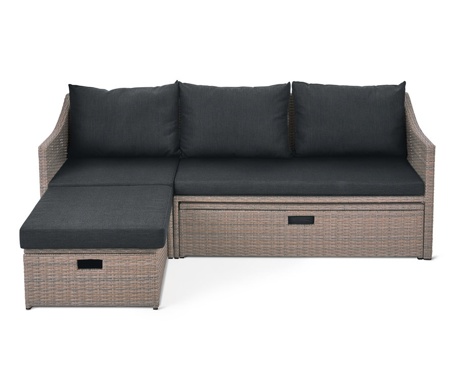 Garten-Ausziehsofa »Polyrattan« mit dunkelgrauen Kissen und Sitzpolstern.