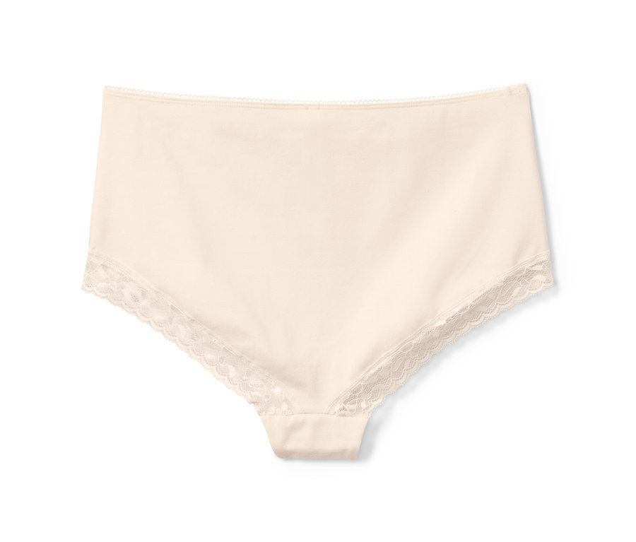 Ein cremefarbener Highwaist-Slip mit Spitze liegt auf einem weißen Hintergrund.