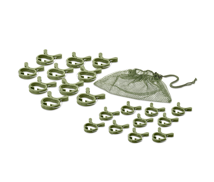 Zwanzig grüne Pflanzenclips und ein grüner Netzbeutel sind abgebildet.