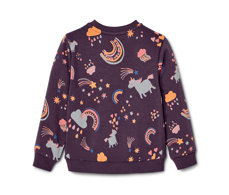 Dunkelvioletter Kinder-Sweater mit Alloverprint aus Einhörnern, Sternen und Regenbögen.