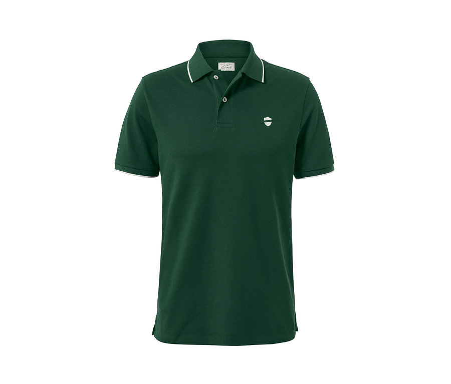 Dunkelgrünes Piqué-Poloshirt mit weißer Bordüre an Kragen und Ärmeln.
