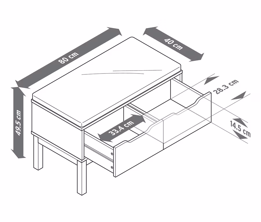 Eine schematische Darstellung einer Sitzbank mit Schubladen und Bemaßungen.