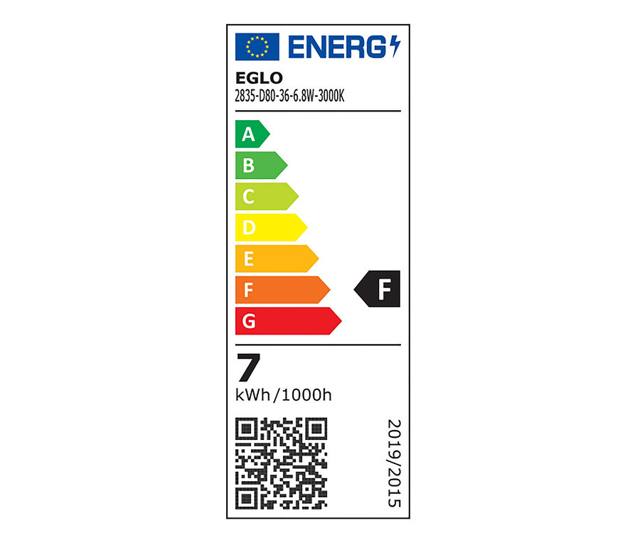 Energielabel der LED-Hängeleuchte, 4-flammig, Energieeffizienzklasse F, 7 kWh/1000h.