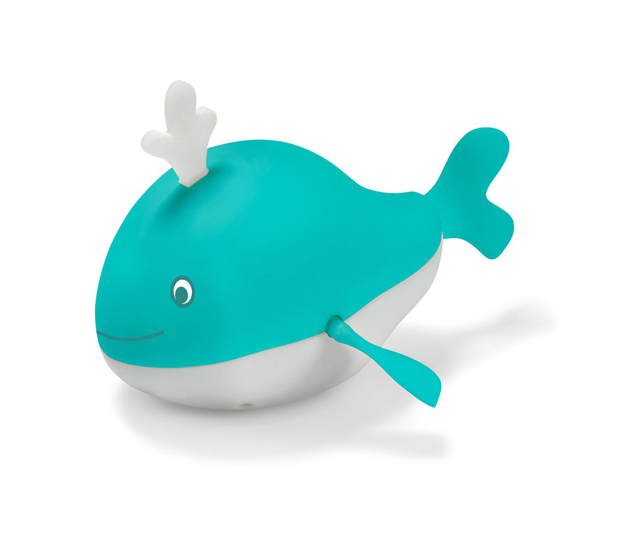 Türkis-weisser Aufziehwal als Badespielzeug.