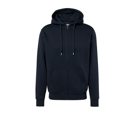 Eine marineblaue Kapuzenjacke mit einem Reißverschluss in der Mitte.
