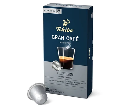 Eine Packung Gran Café Ristretto - 10 Kapseln von Tchibo. Auf der Packung ist eine Tasse Ristretto abgebildet.