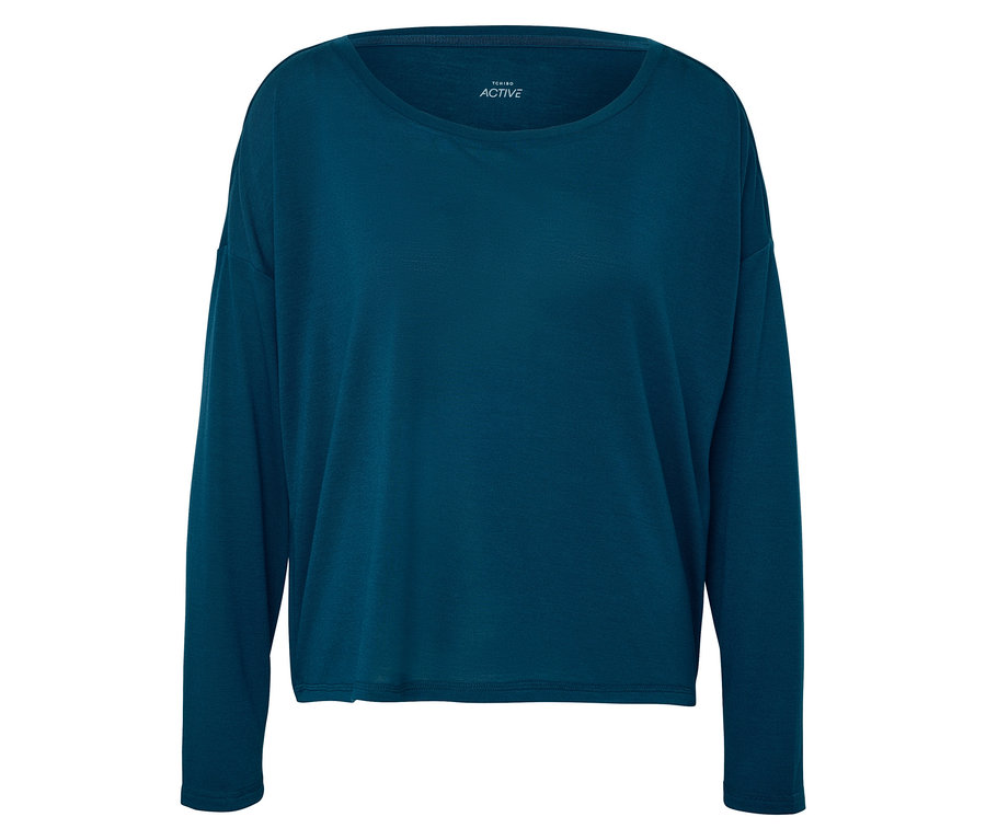 Ein dunkelblaues Langarmshirt mit Rundhalsausschnitt.
