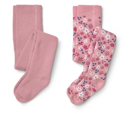 Zwei rosafarbene Strumpfhosen: eine einfarbig und eine mit Blumenmuster.