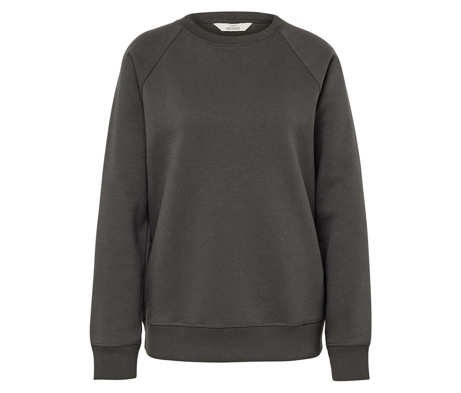 Dunkelgraues Langarm-Sweatshirt vor weißem Hintergrund.