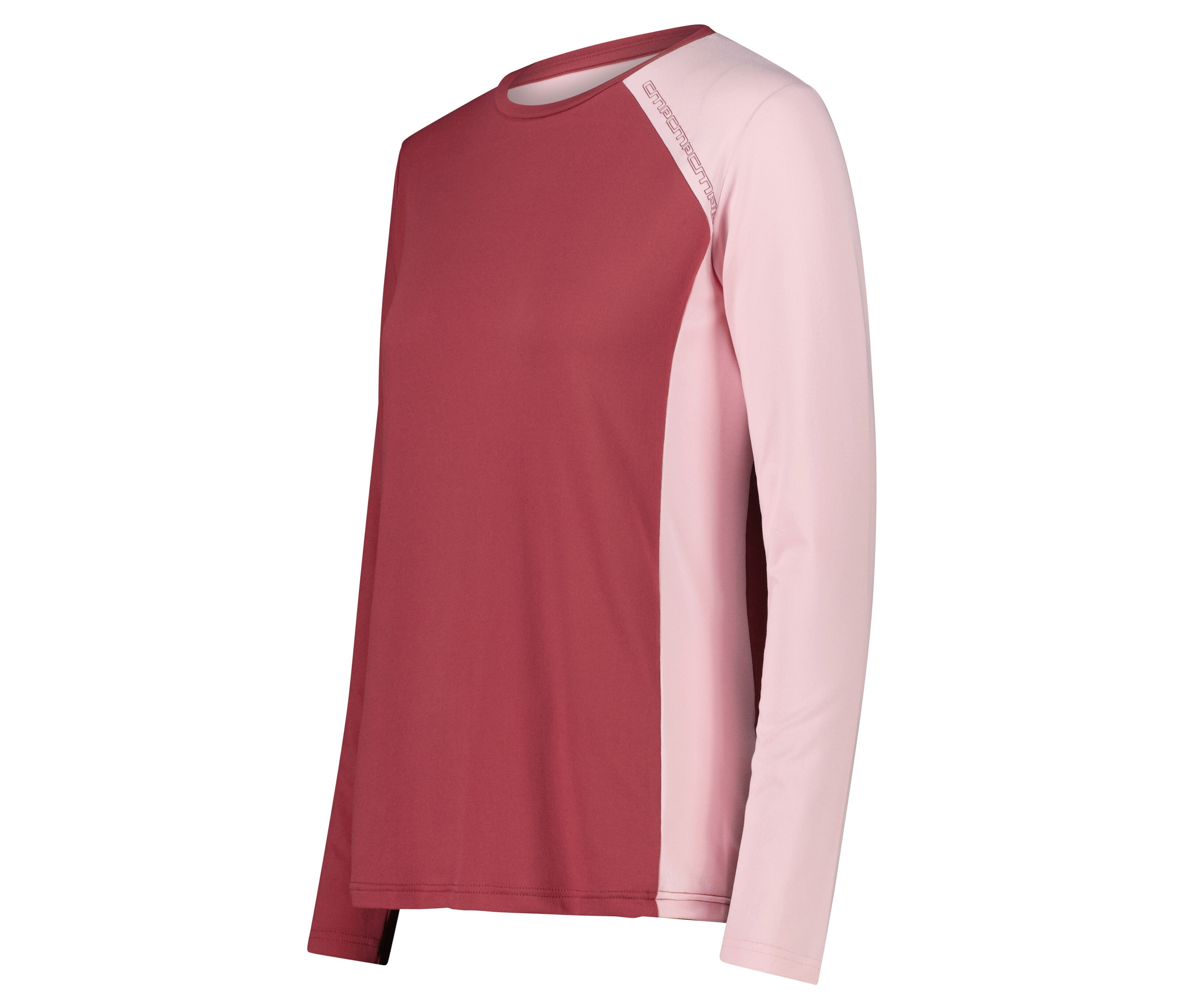 Langärmliges Damen-T-Shirt in den Farben Burgunderrot und Hellrosa.