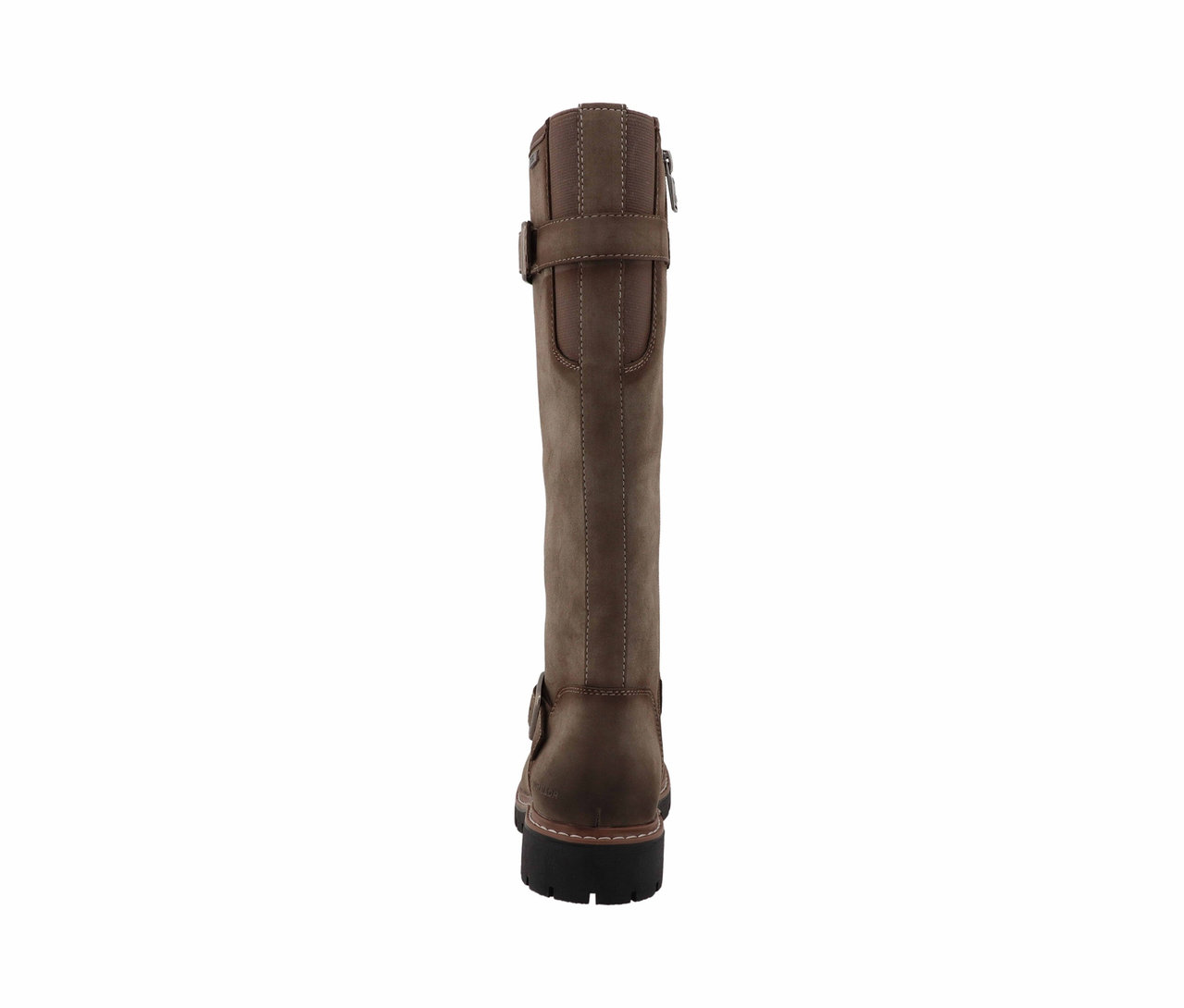 Ein brauner kniehoher Lederstiefel mit Schnallen und Reißverschluss.
