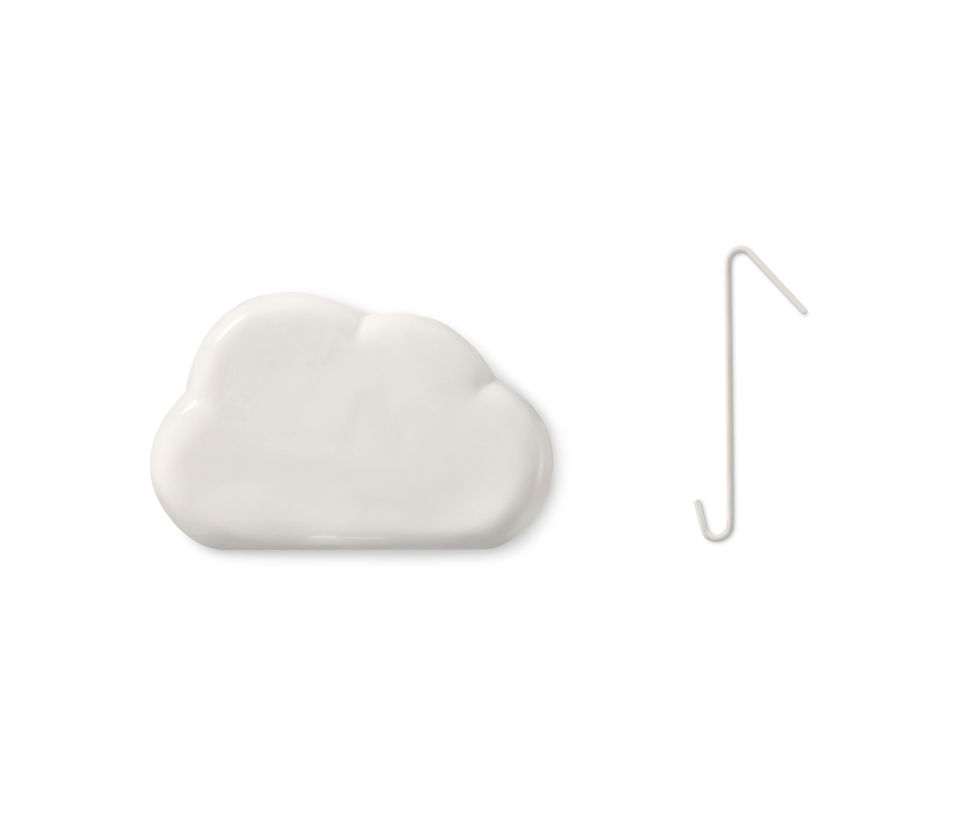 Weißer Heizkörper-Luftbefeuchter in Wolkenform neben einem Metallhaken.