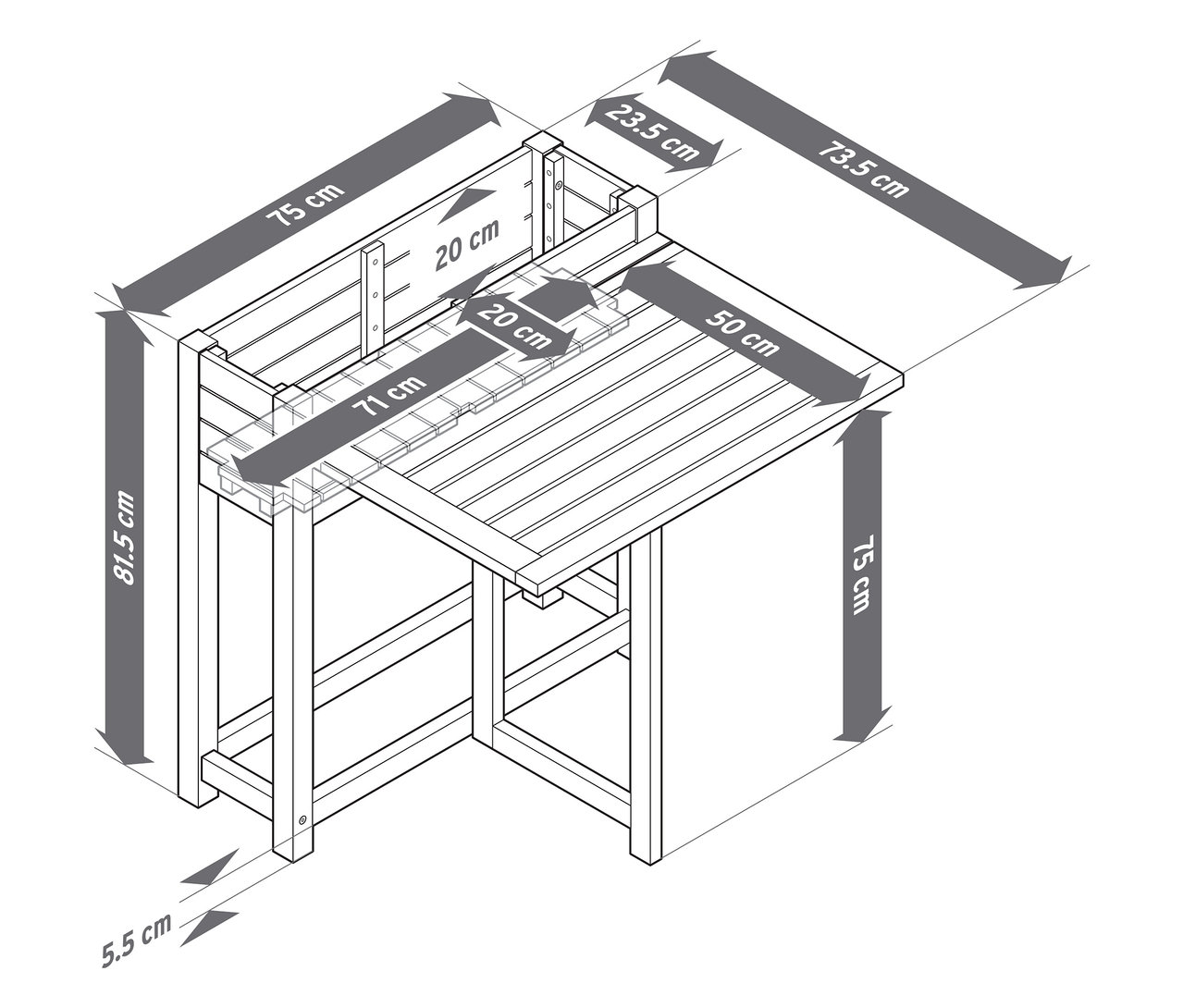 Detailierte schematische Zeichnung eines Gartentisches mit Pflanzkastenaufsatz und Maßangaben in Zentimetern.