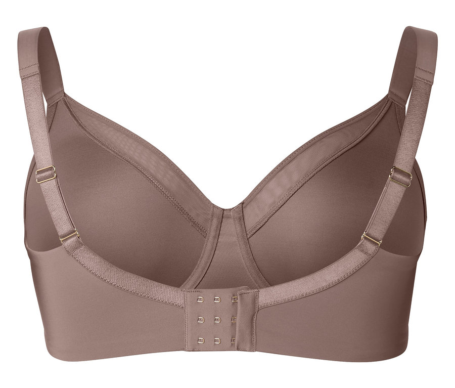 Nahaufnahme der Rückseite eines trägerlosen BHs in Mauve mit Haken- und Ösenverschluss.