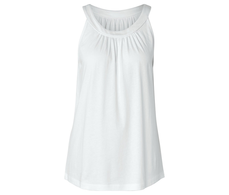 Weisses, ärmelloses Tanktop mit gerafftem Rundhalsausschnitt.