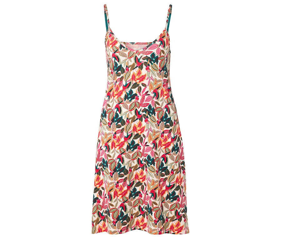 Kleid mit Blätterprint und Spaghettiträgern.