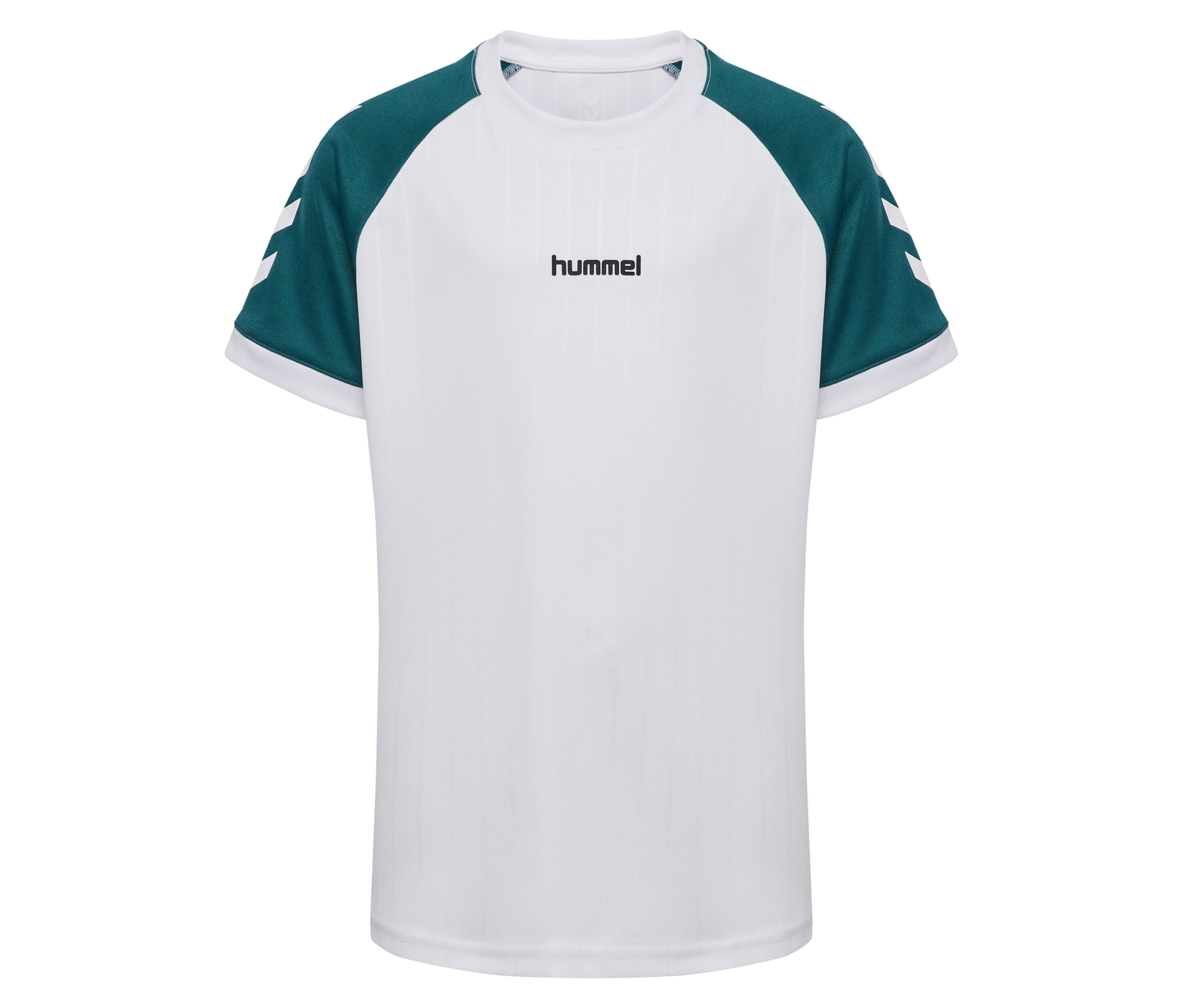 Weißes hummel® HMLJR Stripe T-Shirt mit grünen Ärmeln und weißen Winkeln.