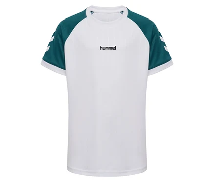 Weißes hummel® HMLJR Stripe T-Shirt mit grünen Ärmeln und weißen Winkeln.