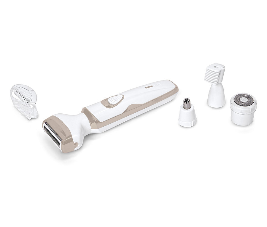 Ein weißer und beiger Haartrimmer liegt mit verschiedenen Aufsätzen auf einem weißen Hintergrund.