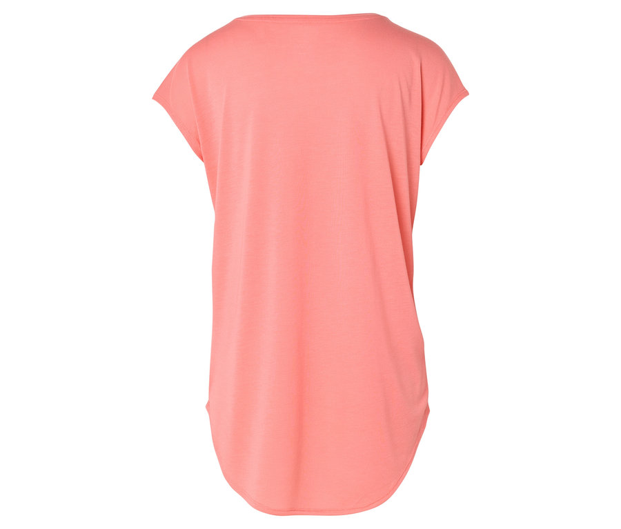 Rückansicht eines lachsfarbenen, kurzärmeligen T-Shirts mit abgerundetem Saum.