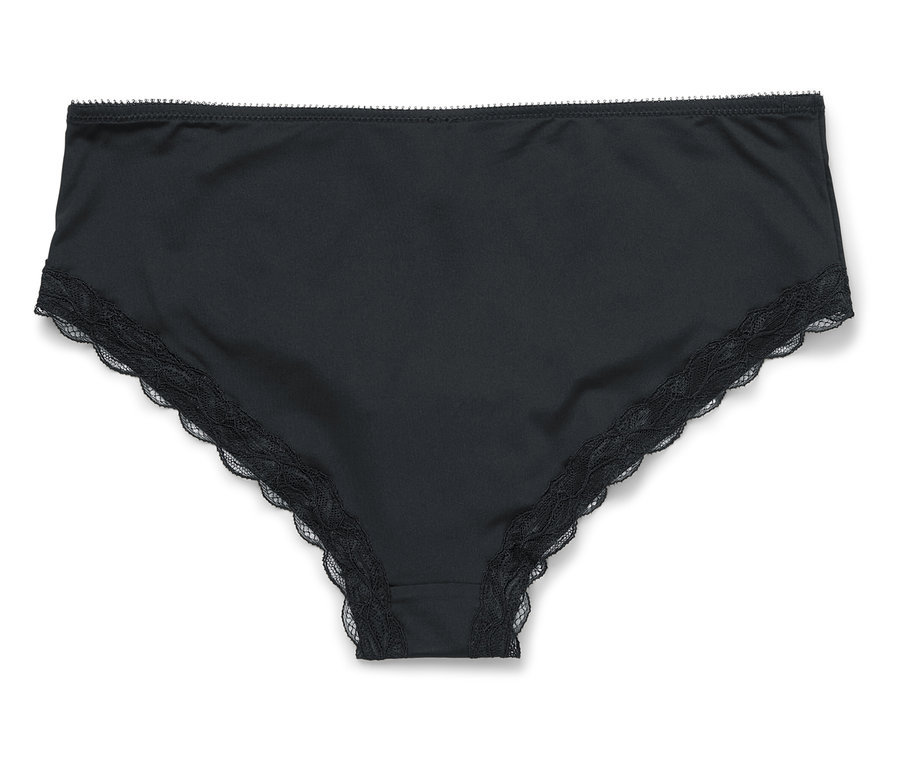 Schwarzer Damenslip mit Spitzenbesatz liegt auf einem weißen Hintergrund.