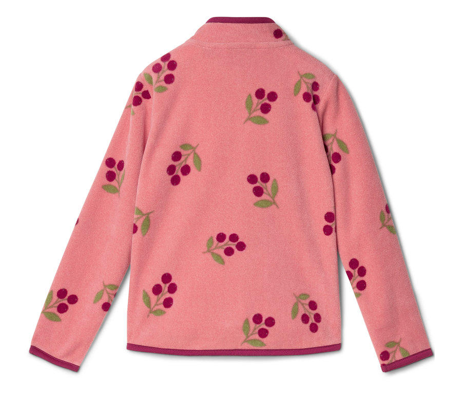 Rückansicht einer rosa Fleecejacke mit Kirschmuster und dunkelroten Bündchen.