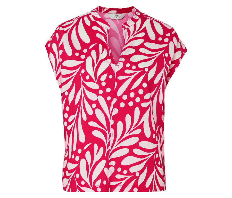 Nahaufnahme einer rot-weißen Bluse mit Blättermuster.