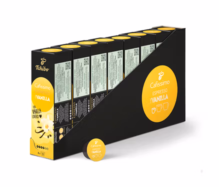 Mehrere Packungen Cafissimo Flavoured Espresso - Vanilla - 80 Kapseln in einer schwarzen Halterung.