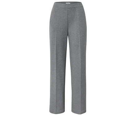 Graue, gerade geschnittene Jerseyhose mit hohem Bund, auf weißem Hintergrund.